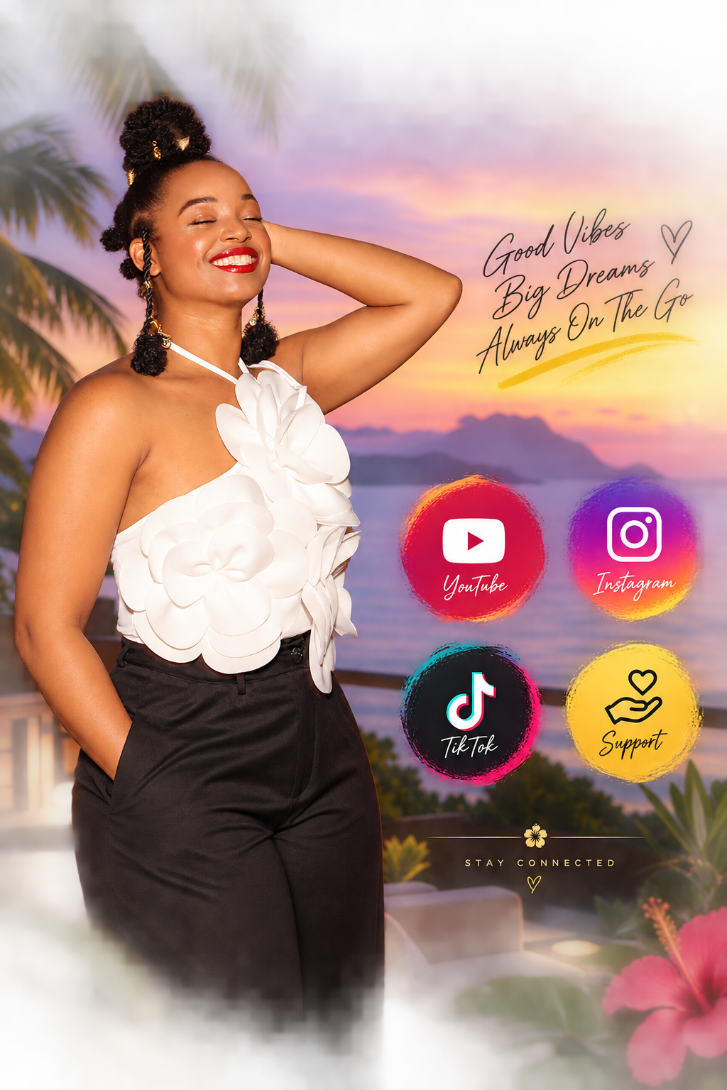 Dr. Refa in a tropical sunset setting with links for YouTube, Instagram, TikTok and Support.
